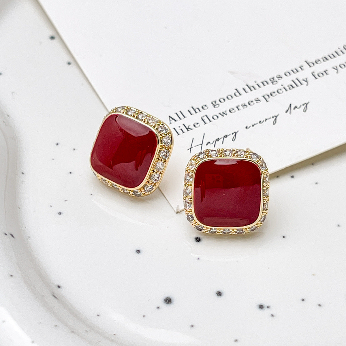 Retro Red Plate Temperament Inlaid Square Simple And Stylish Earrings - Bests Sale