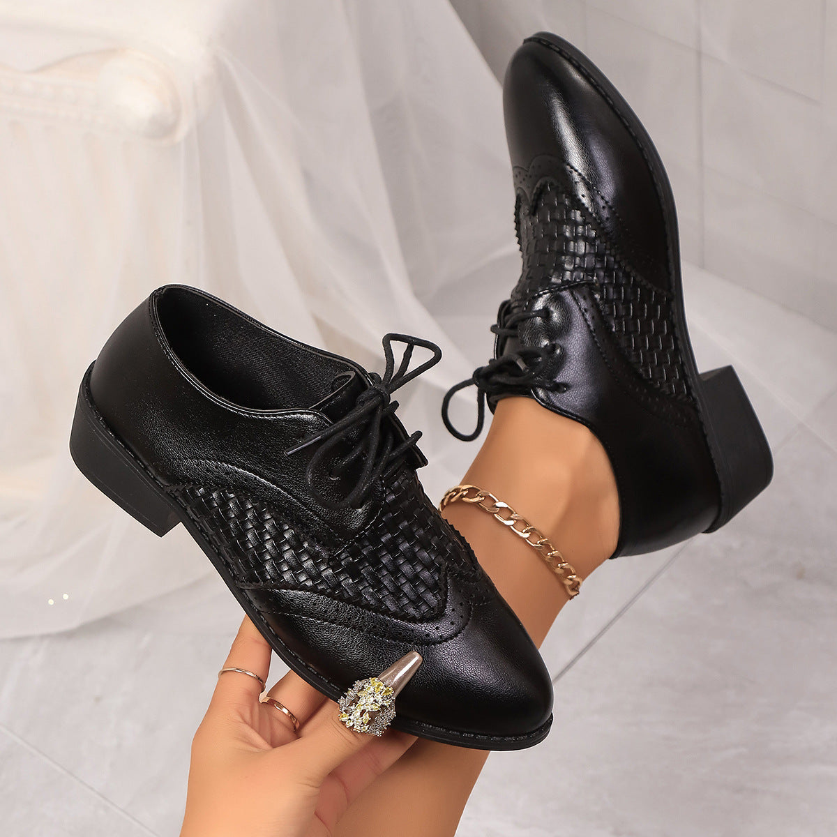 Retro Soft Leather Low Heel Brogue Lace-up Flat Pointed Pumps - Bests Sale