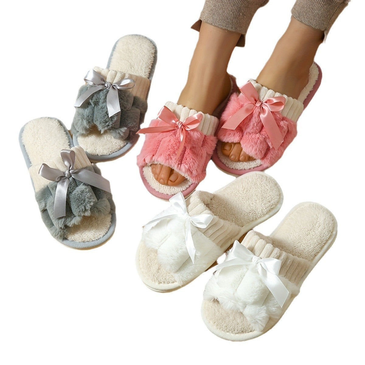 New Bow Plush Slippers Indoor - Bests Sale
