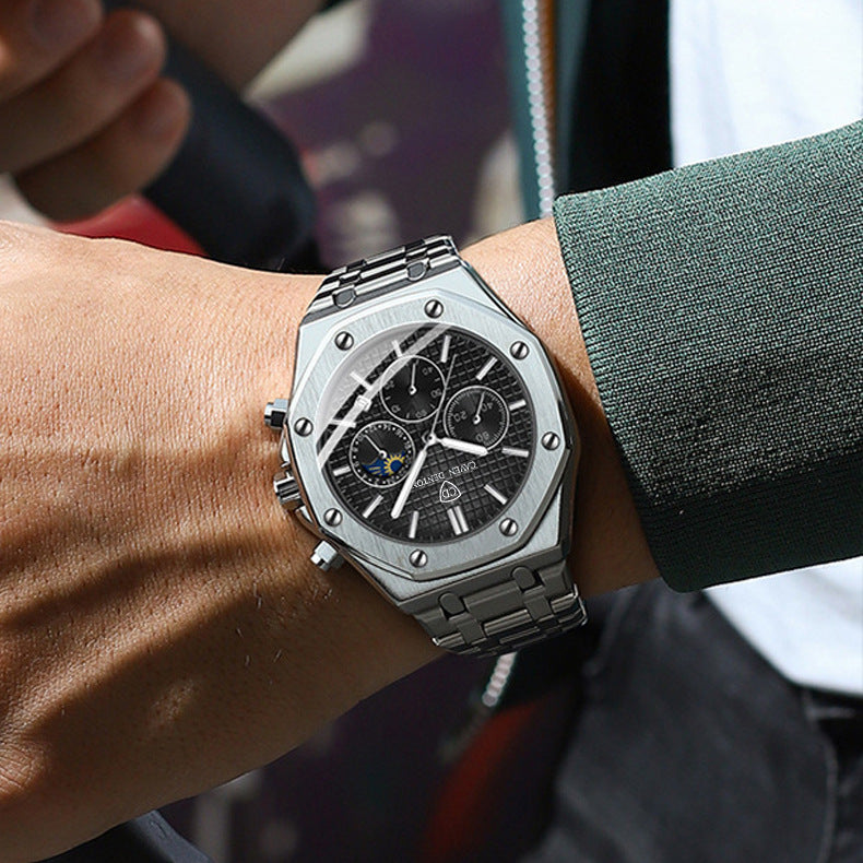 Waterproof High-grade Three Eyes And Six Needles Multi-functional Moon Phase Men's Steel Strap Watch Bests Sale