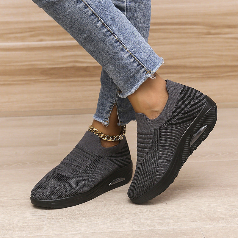 New Stripe Design Mesh Shoes Fashion Slip On Air Cushion Shoes Breathable Round-toe Flats Women - Bests Sale