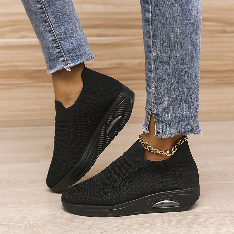 New Stripe Design Mesh Shoes Fashion Slip On Air Cushion Shoes Breathable Round-toe Flats Women - Bests Sale