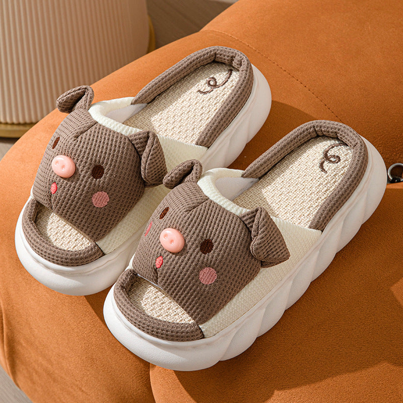 Piggy Cute Couple Open Toe Linen Cotton Linen Slippers - Bests Sale