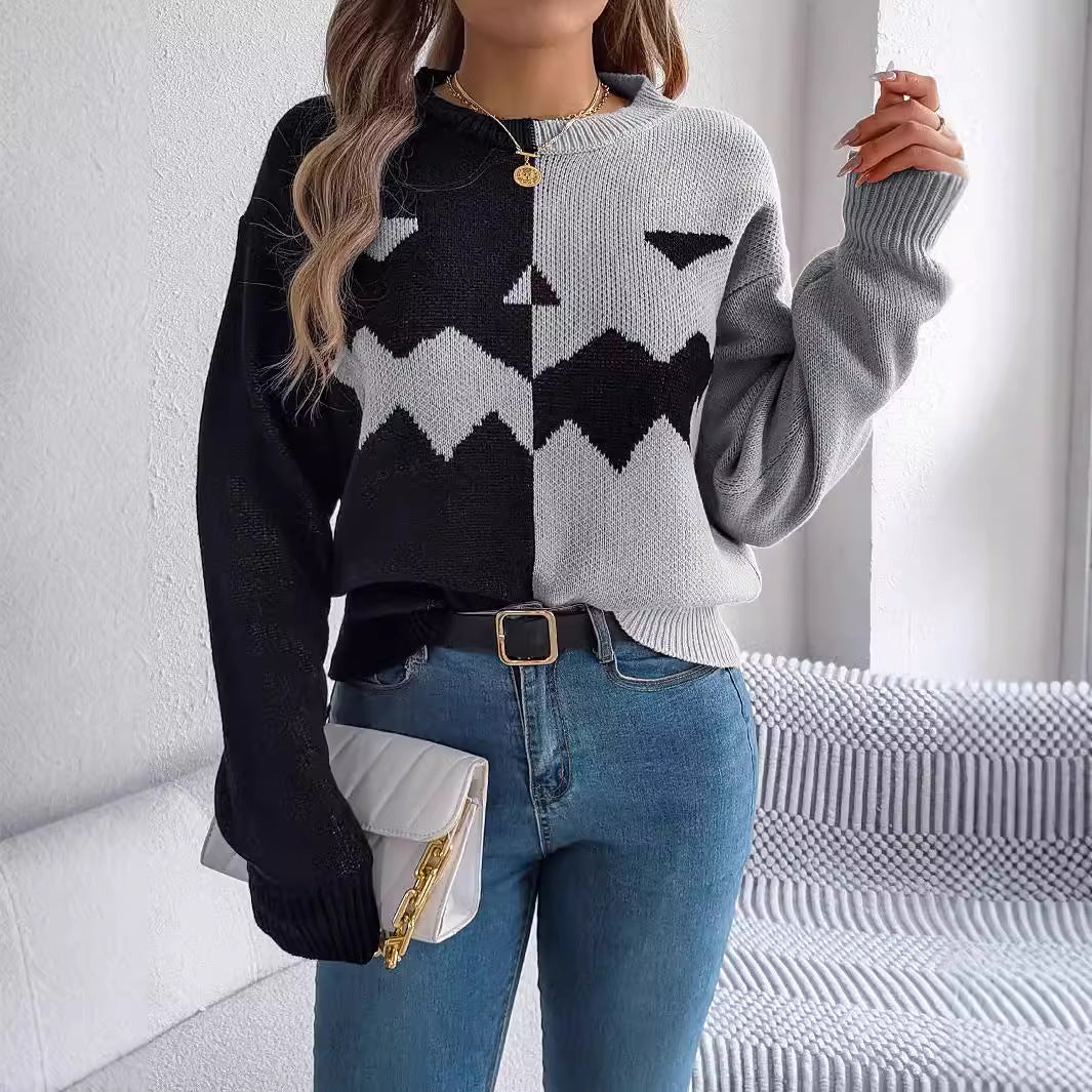 Halloween Contrast-color Pullover Sweater Fashion Long Sleeve Knitted Tops For Womens Clothing Bests Sale