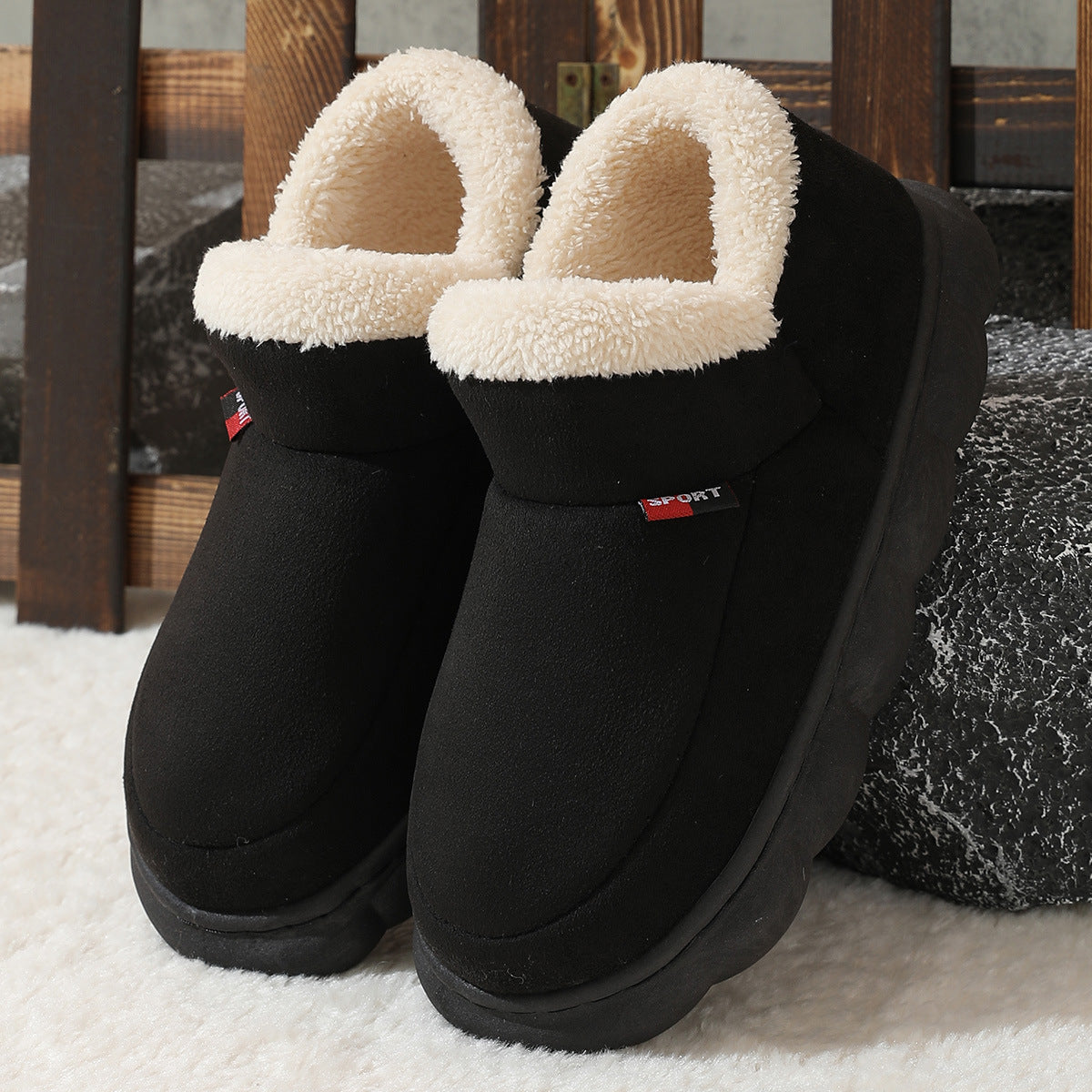 Winter Plush Cotton Shoes Women Men Warm Suede House Shoes For Parents Solid Color Thick-soled Garden Shoes Outdoor - Bests Sale