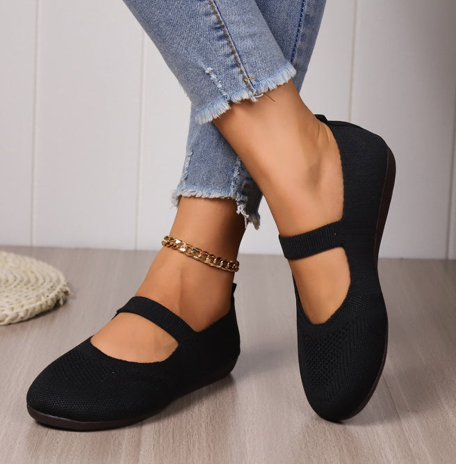 Women's Flat Bottom Pumps Plus Size Shallow Mouth Low-top Slip-on Flyknit - Bests Sale