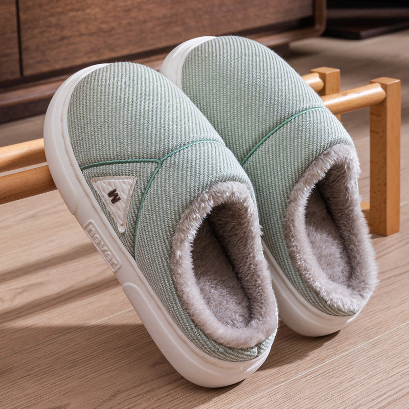 Solid Striped Home Slippers Winter Warm Fleece Shoes Men Indoor Bedroom Floor Plush Slippers For Women Couple - Bests Sale