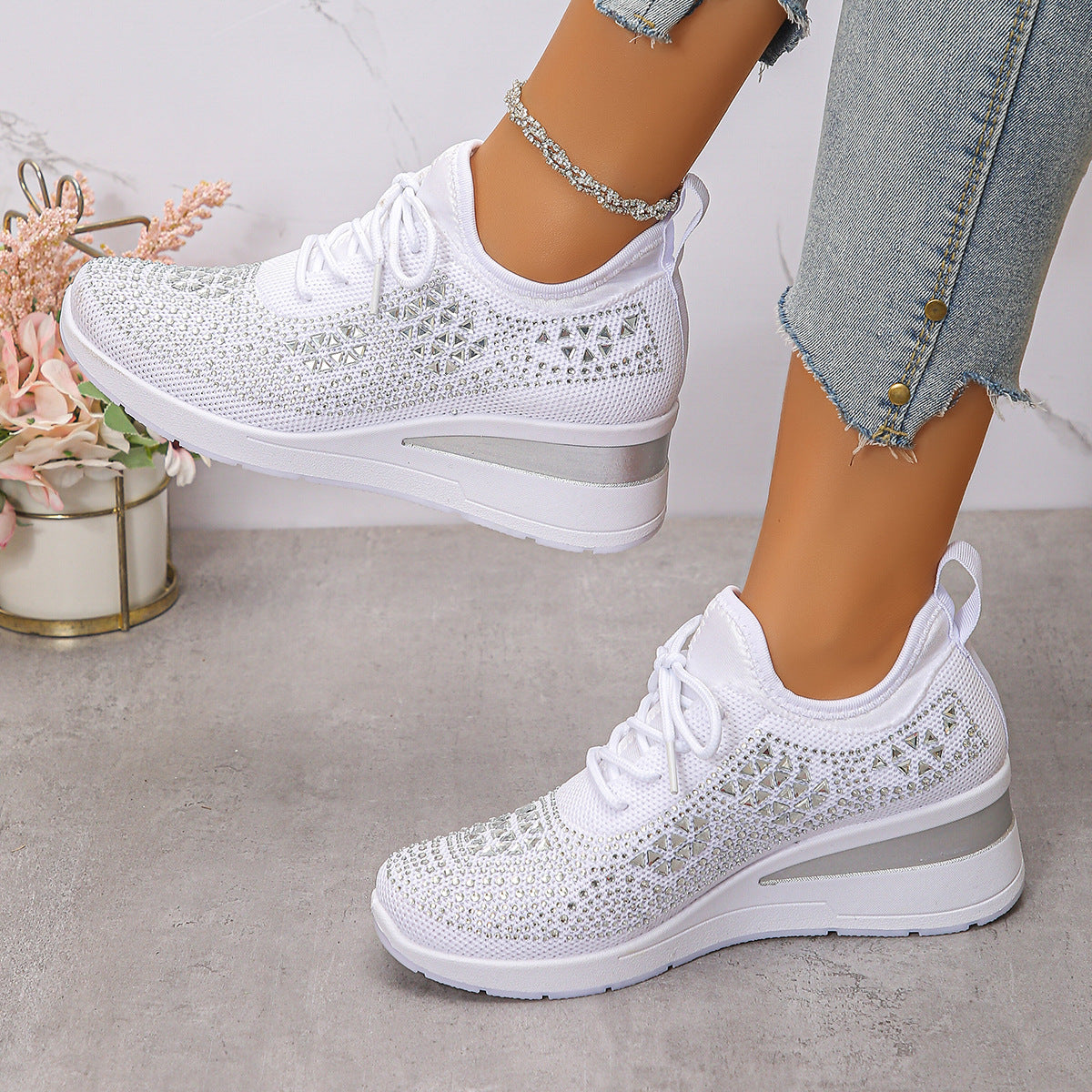 Rhinestone Lace Up Fashion Style Daily Commuter Women's Casual Shoes - Bests Sale