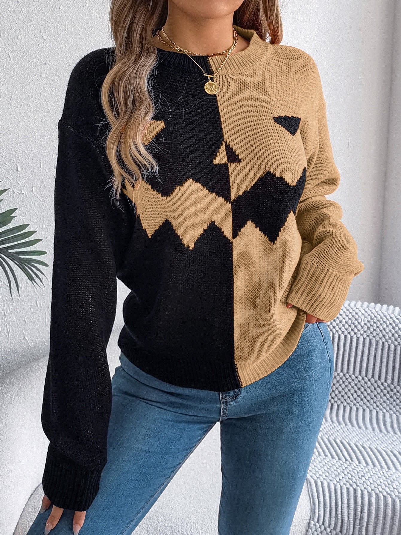 Halloween Contrast-color Pullover Sweater Fashion Long Sleeve Knitted Tops For Womens Clothing Bests Sale