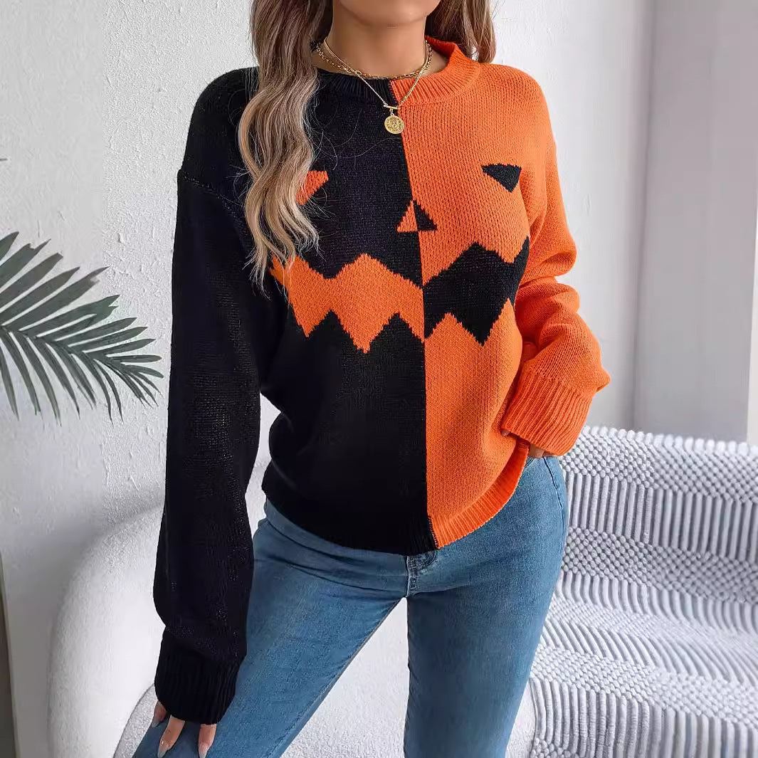 Halloween Contrast-color Pullover Sweater Fashion Long Sleeve Knitted Tops For Womens Clothing Bests Sale