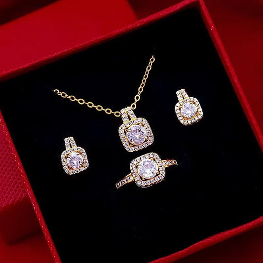 Fashion Jewelry Set Zircon Gem Pendant Chain Choker Necklace For Women Gold Color Stud Earring Statement Wedding Ring - Bests Sale