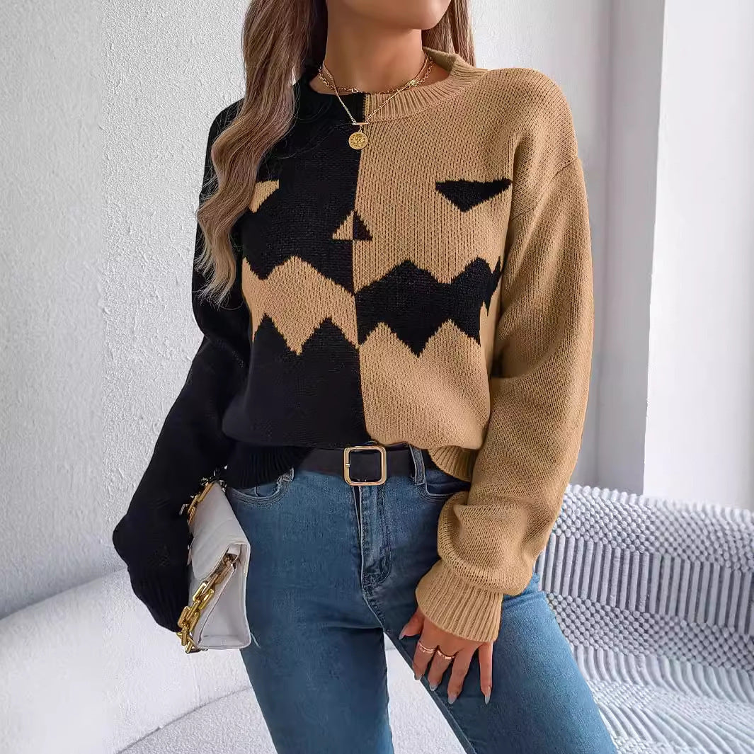 Halloween Contrast-color Pullover Sweater Fashion Long Sleeve Knitted Tops For Womens Clothing Bests Sale