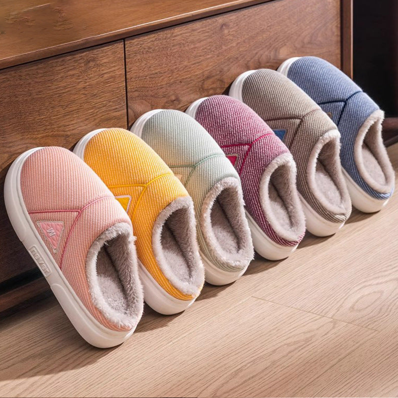 Solid Striped Home Slippers Winter Warm Fleece Shoes Men Indoor Bedroom Floor Plush Slippers For Women Couple - Bests Sale