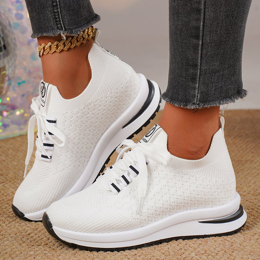Plus Size Fashion Platform Flat Pumps Women's Casual Lace Up Mesh Sneaker - Bests Sale