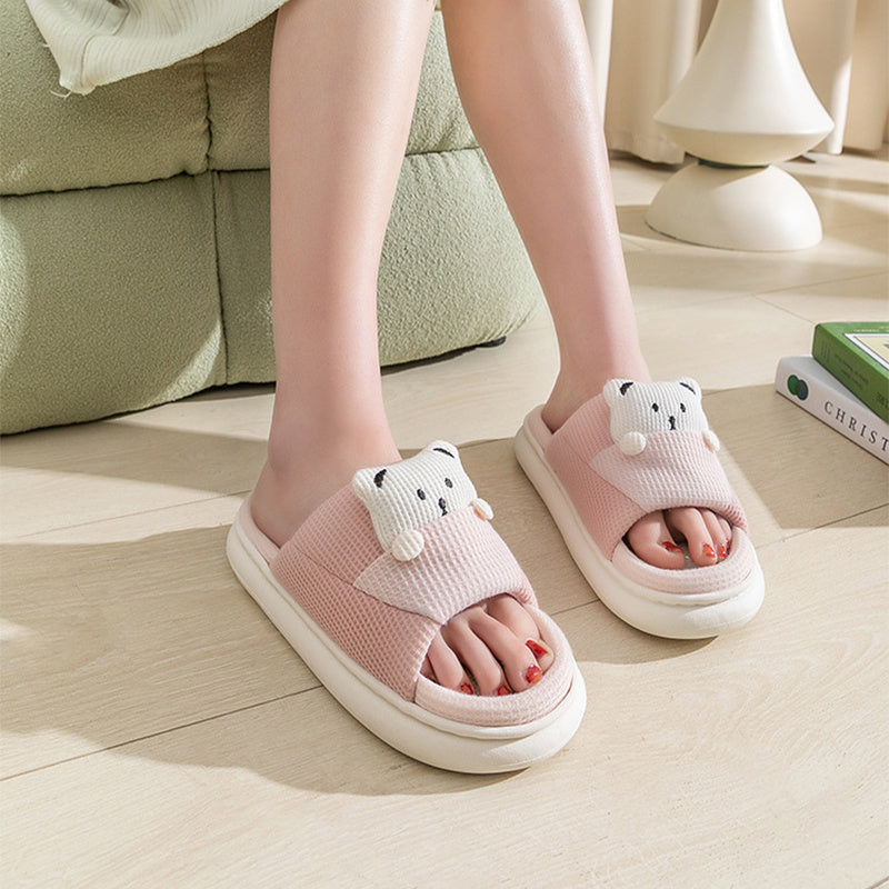 Cute Cartoon Bear Slippers Spring And Autumn Fashion Thick-soled  Mute Linen Slipper Women's House Shoes - Bests Sale