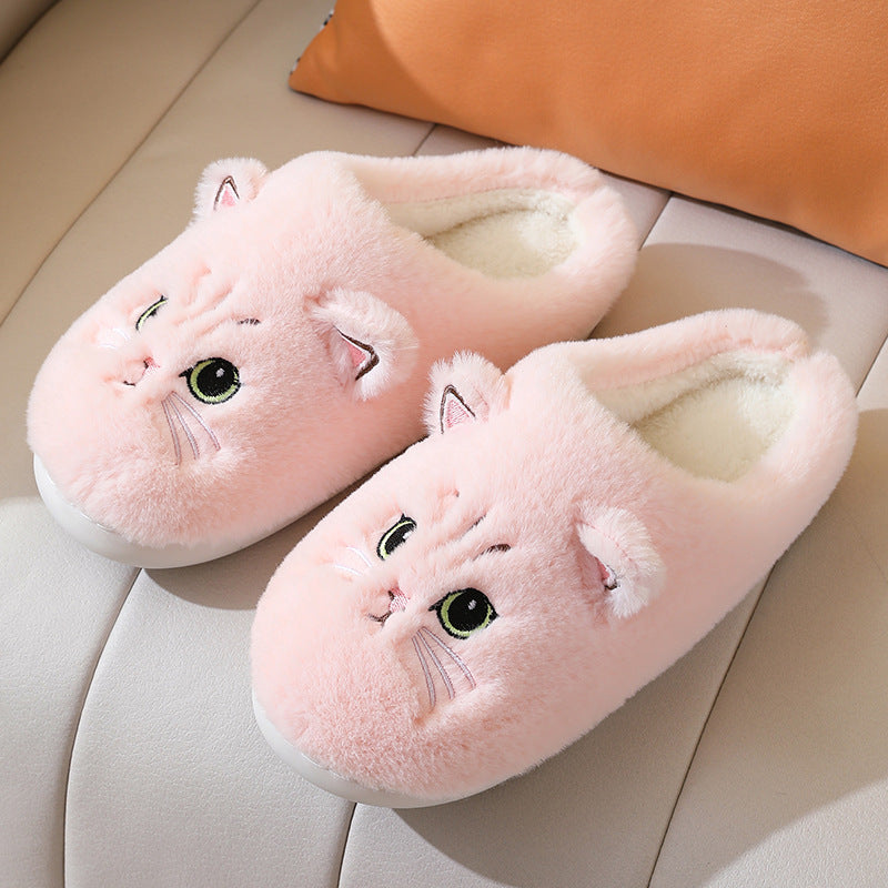 Cute Cat Plush Slippers Winter Warm Floor Bedroom Home Slippers For Couple Non-slip House Shoes Women Men - Bests Sale
