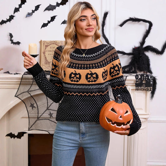 Women's Halloween Pumpkin Embroidered Retro Long-sleeved Sweater - Bests Sale