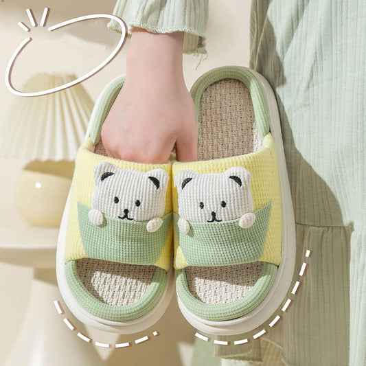 Cute Cartoon Bear Slippers Spring And Autumn Fashion Thick-soled  Mute Linen Slipper Women's House Shoes - Bests Sale