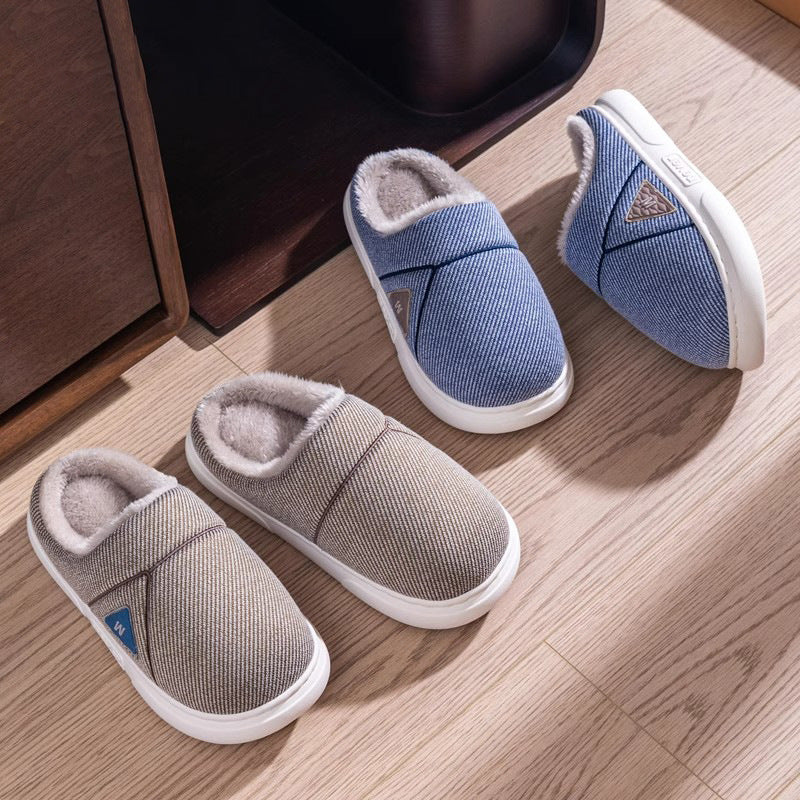 Solid Striped Home Slippers Winter Warm Fleece Shoes Men Indoor Bedroom Floor Plush Slippers For Women Couple - Bests Sale