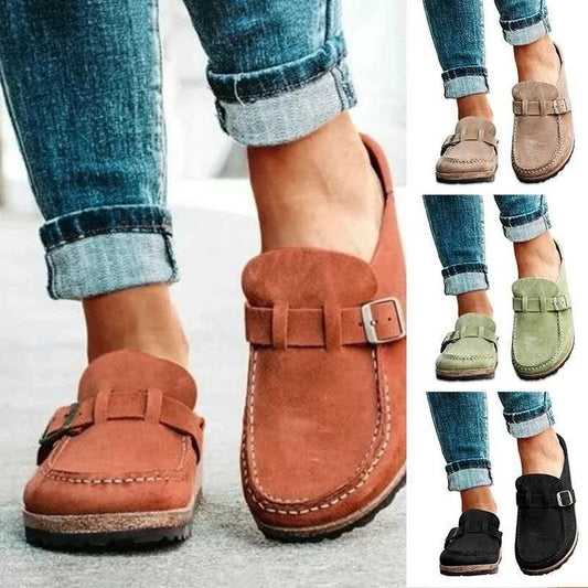Frosted Suede Round Head Belt Buckle One Pedal Flat Comfortable Foam Bottom Slippers - Bests Sale