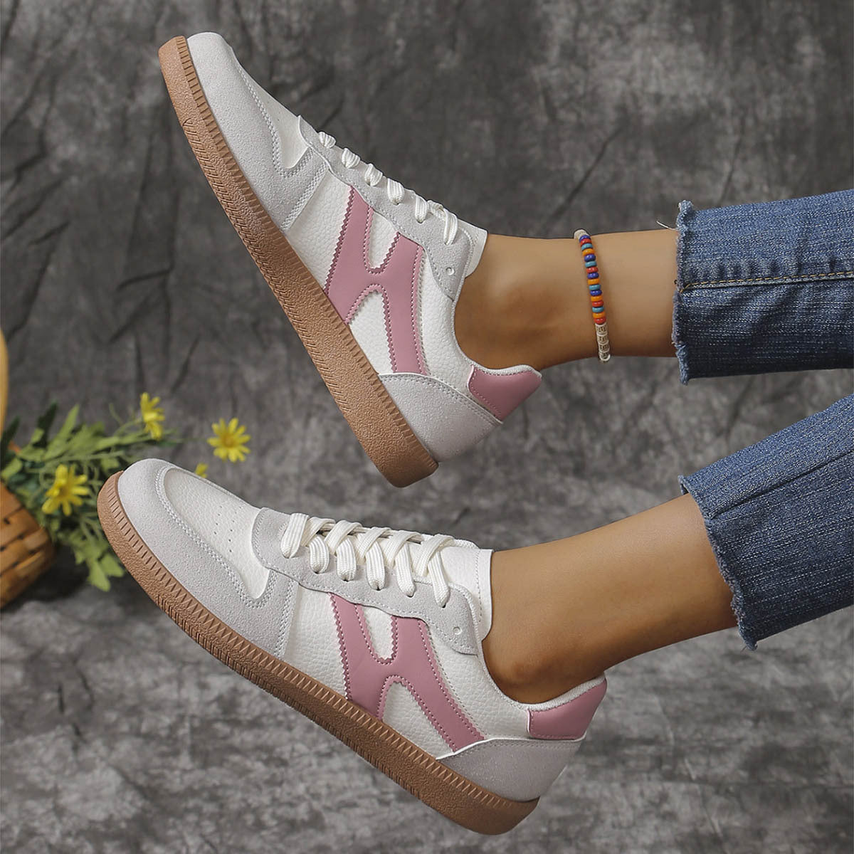 New Colorblock Lace-up Flats Shoes Fashion Round Toe Slip On Casual Shoes For Women - Bests Sale