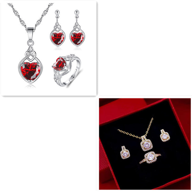 Fashion Jewelry Set Zircon Gem Pendant Chain Choker Necklace For Women Gold Color Stud Earring Statement Wedding Ring - Bests Sale