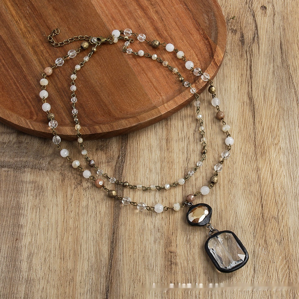 Fashion Tribal Style 2-layer Natural Stone Glass Chain Necklace - Bests Sale