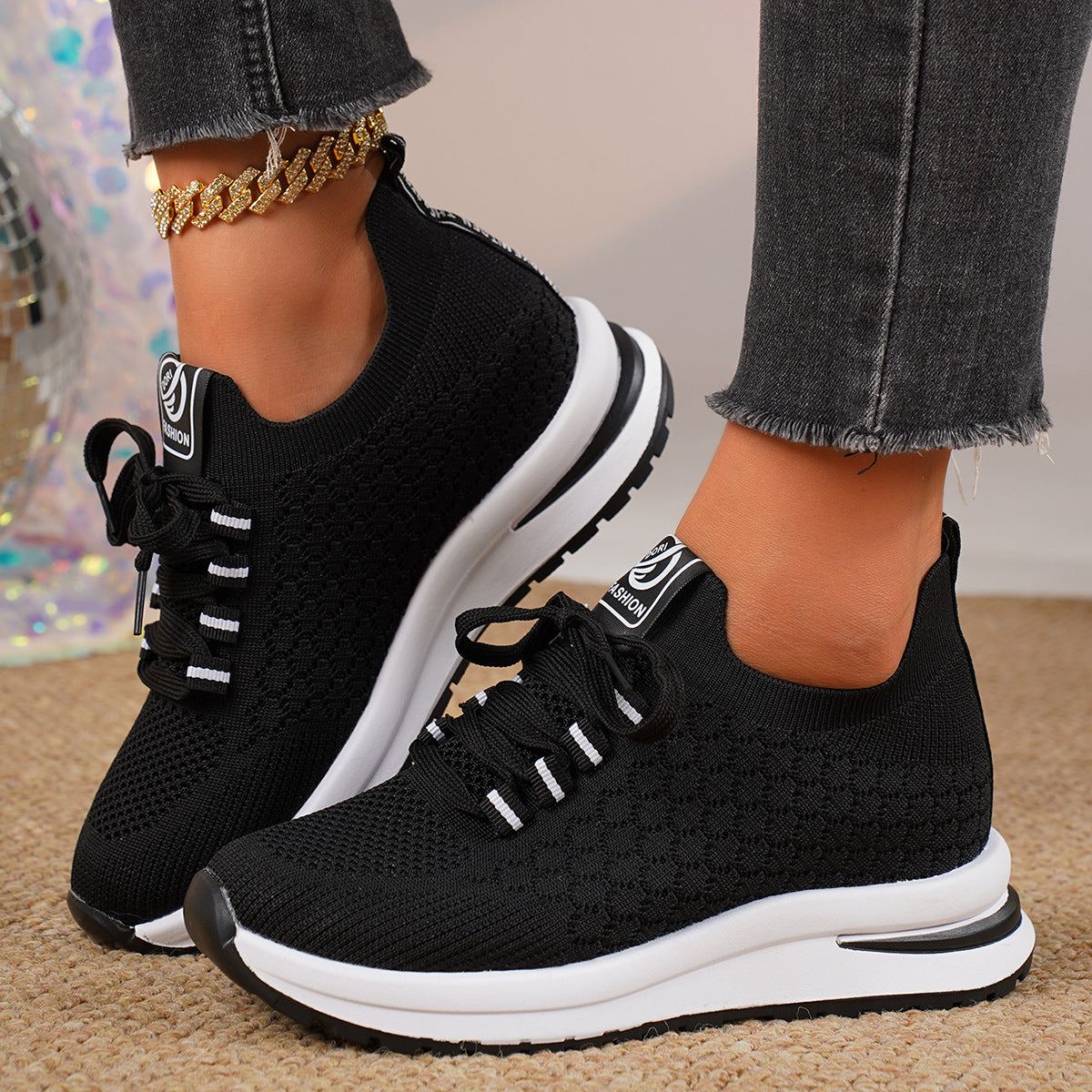 Plus Size Fashion Platform Flat Pumps Women's Casual Lace Up Mesh Sneaker - Bests Sale