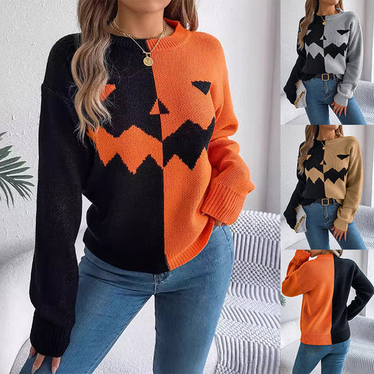 Halloween Contrast-color Pullover Sweater Fashion Long Sleeve Knitted Tops For Womens Clothing Bests Sale