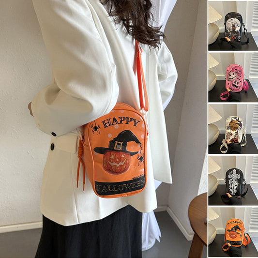 Halloween Graffiti Phone Bag Girls Funny Cartoon Pumpkin Ghost Bat Print Crossbody Bag For Women Mini Personality Creative Shoulder Bags Bests Sale