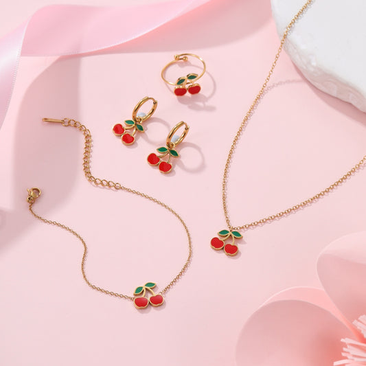 Cherry Necklace Bracelet Titanium Steel Earring Ring Pieces - Bests Sale