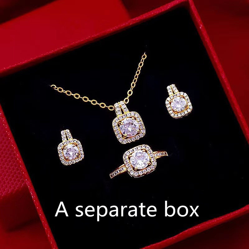 Fashion Jewelry Set Zircon Gem Pendant Chain Choker Necklace For Women Gold Color Stud Earring Statement Wedding Ring - Bests Sale