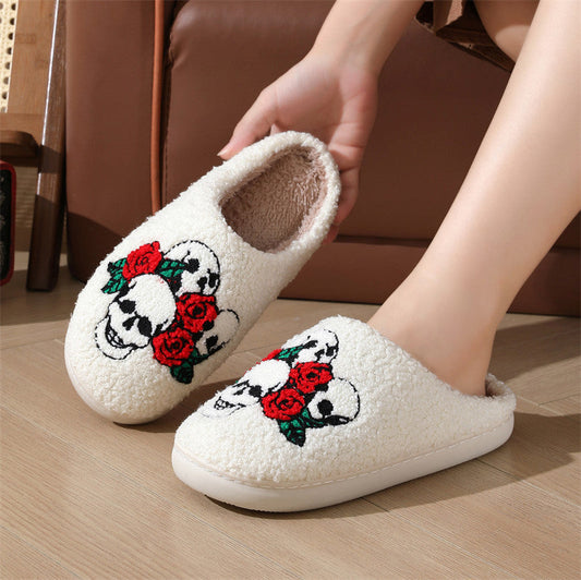 Halloween Skull Rose Slippers Winter Warm Indoor Floor Bedroom Home Slipper For Women Bests Sale