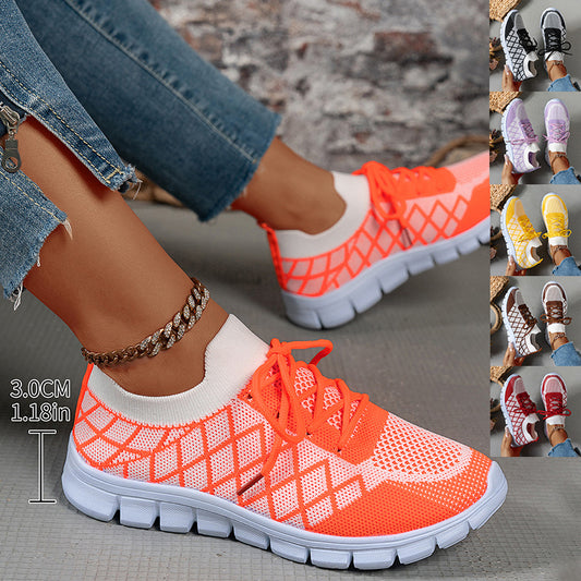 Colorblock Plaid Lace-Up Flyknit Sneakers Ins Mesh Casual Shoes Fashion Breathable Walking Running Sports Shoes For Women - Bests Sale