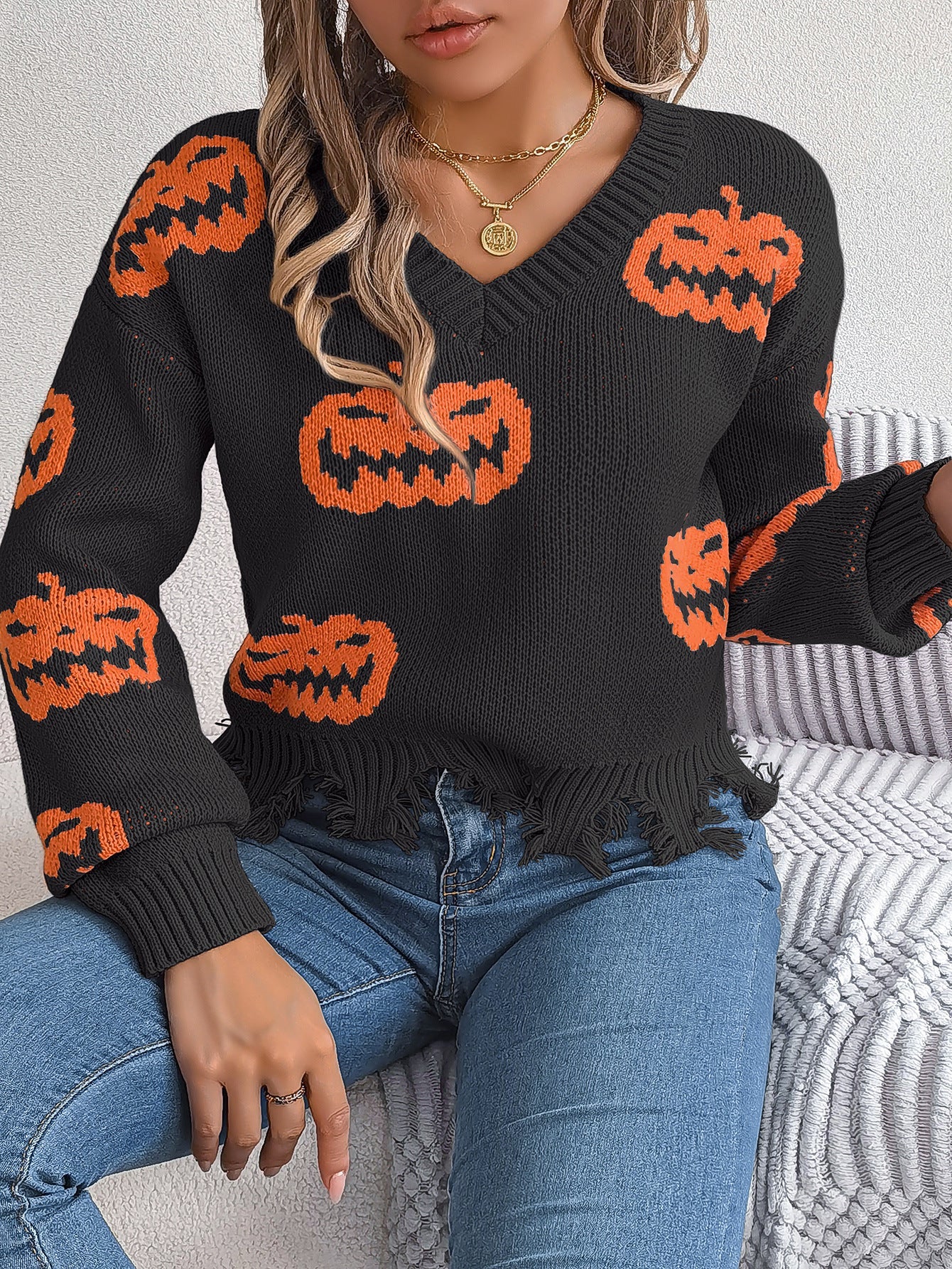 Halloween Contrast Color Pumpkin Cut Long Sleeve Sweater Bests Sale