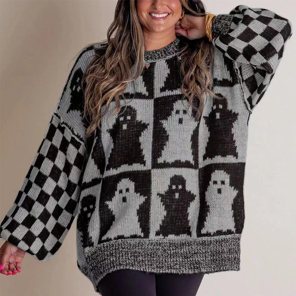 Halloween Cartoon Ghost And Checkerboard Print Pullover Sweater Autumn And Winter Loose Long-sleeved Knitted Tops For Women Bests Sale
