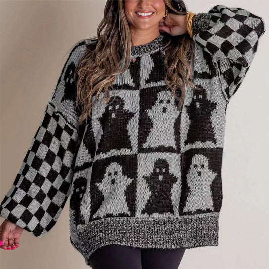 Halloween Cartoon Ghost And Checkerboard Print Pullover Sweater Autumn And Winter Loose Long-sleeved Knitted Tops For Women Bests Sale