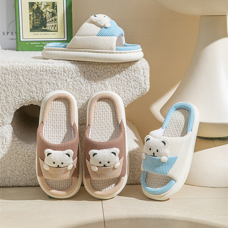 Cute Cartoon Bear Slippers Spring And Autumn Fashion Thick-soled  Mute Linen Slipper Women's House Shoes - Bests Sale