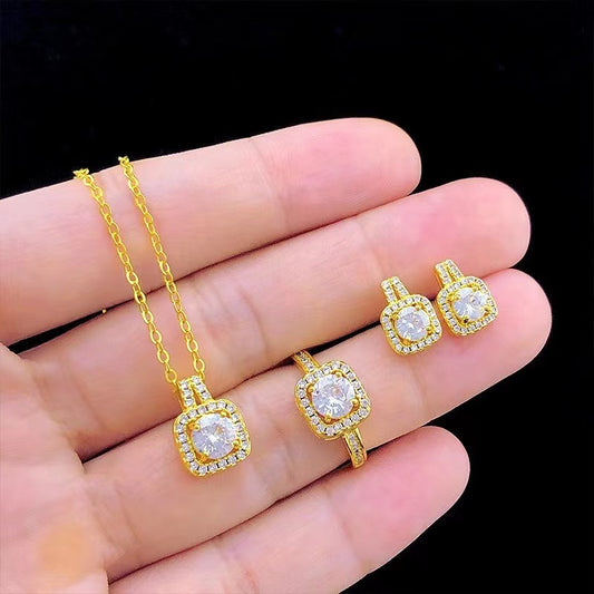 Fashion Jewelry Set Zircon Gem Pendant Chain Choker Necklace For Women Gold Color Stud Earring Statement Wedding Ring - Bests Sale