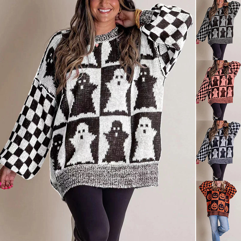 Halloween Cartoon Ghost And Checkerboard Print Pullover Sweater Autumn And Winter Loose Long-sleeved Knitted Tops For Women Bests Sale