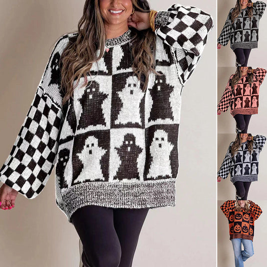 Halloween Cartoon Ghost And Checkerboard Print Pullover Sweater Autumn And Winter Loose Long-sleeved Knitted Tops For Women Bests Sale