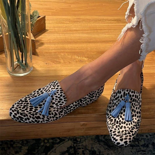 Spring And Autumn Tassel Low Heel Round Head 40-43 Low-cut Plus Size Leopard Print Casual Loafers - Bests Sale