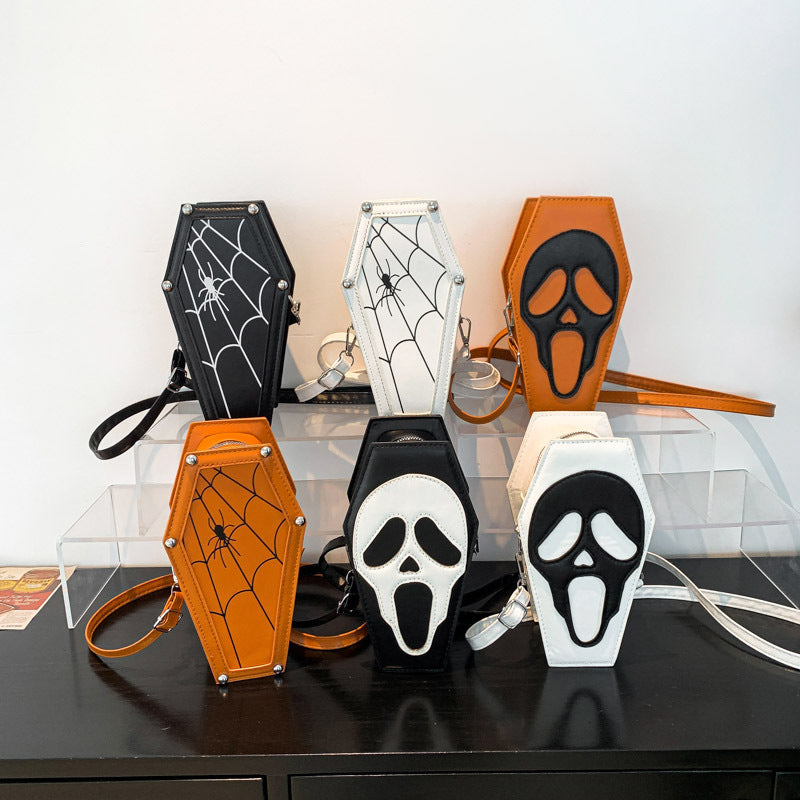 Halloween Coffin-shape Shoulder Bag Gothic Ghost Spider Web Messenger Crossbody Bag Kids Personality Phone Bag For Women Bests Sale