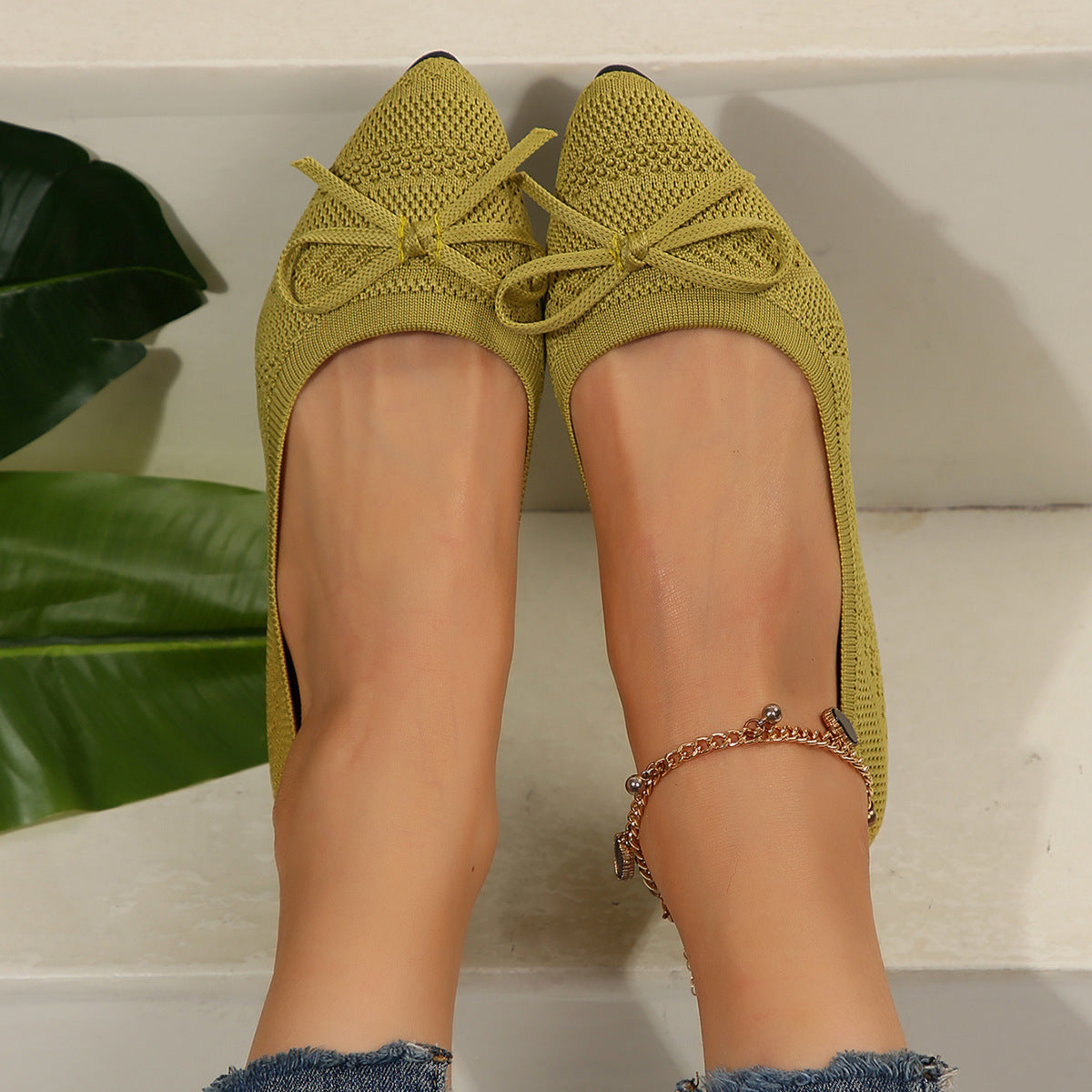 Bow Knitted Loafers Ins Fashion Pointed-toed Flats Shoes For Women - Bests Sale