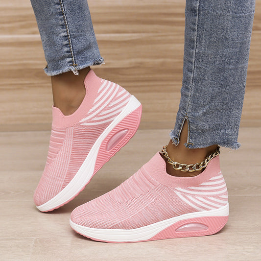 New Stripe Design Mesh Shoes Fashion Slip On Air Cushion Shoes Breathable Round-toe Flats Women - Bests Sale