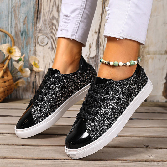 Plus Size Sequined Front Lace-up Solid Color Plus Size Board Shoes - Bests Sale