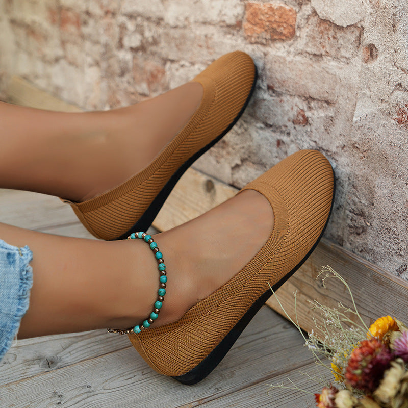 Round Toe Flats Shoes Casual Comfortable Soft Slip On Knit Mesh Shoes For Women - Bests Sale