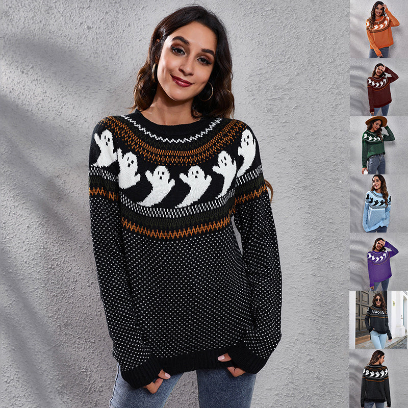 Halloween Cartoon Ghost Polka Dot Pullover Sweater Autumn And Winter Loose Long-sleeved Knitted Tops For Women Bests Sale