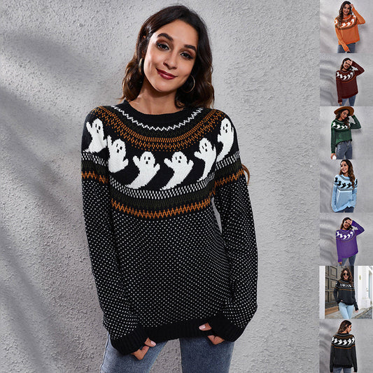 Halloween Cartoon Ghost Polka Dot Pullover Sweater Autumn And Winter Loose Long-sleeved Knitted Tops For Women Bests Sale