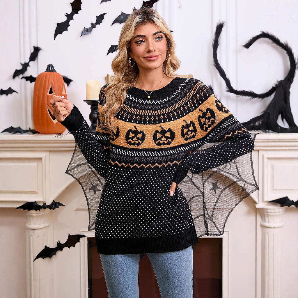 Women's Halloween Pumpkin Embroidered Retro Long-sleeved Sweater - Bests Sale